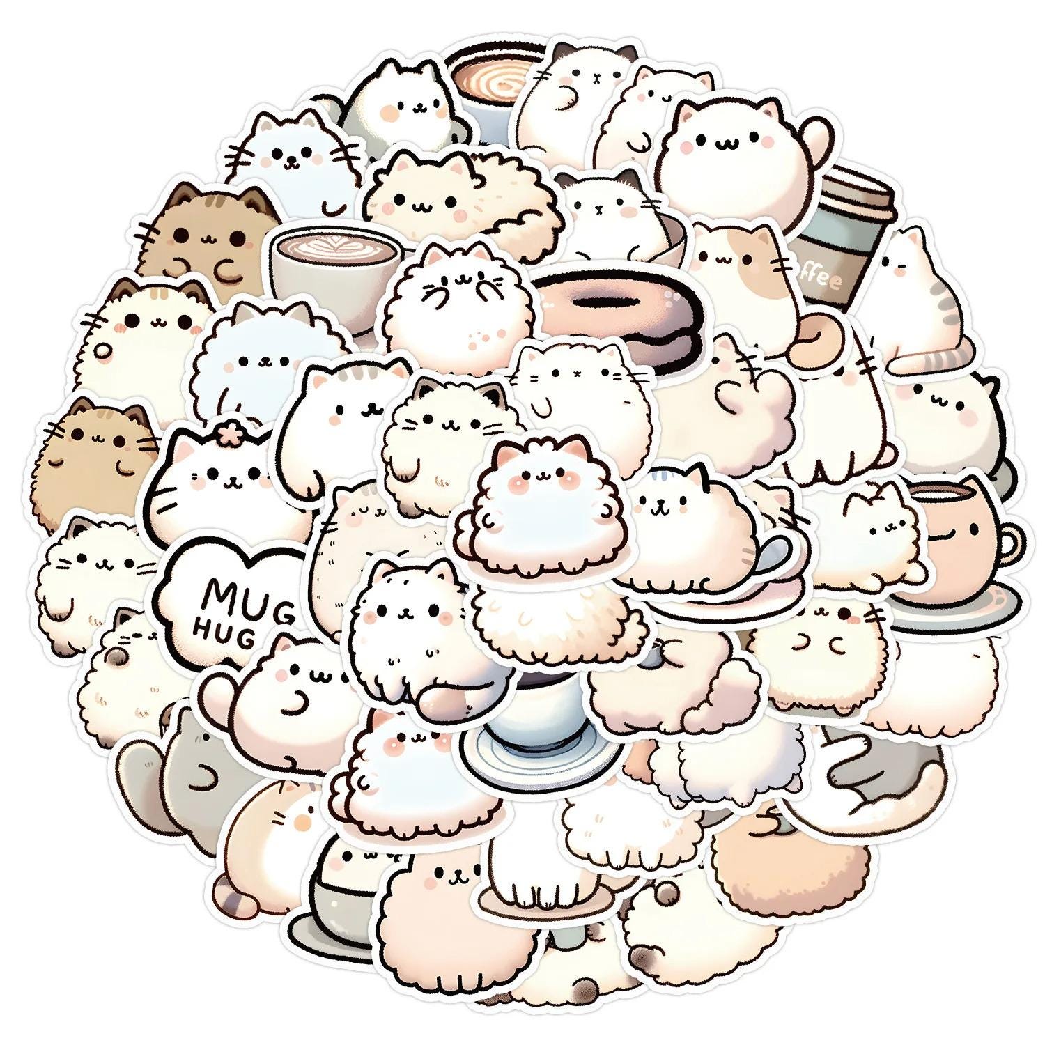 50 PCS Cute Fluffy Cat Sticker Pack | Cozy Coffee Cat Stickers | Kawaii ...