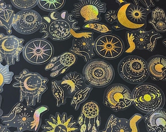 100 PCS Holographic / Gold PET Celestial Stickers Pack | Mystical Star, Moon, & Sun Stickers | Witchy Crystal Sticker Set | Astrology Design