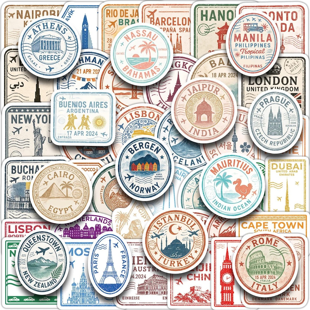 50pcs Pastel Vintage Travel Sticker Pack, Passport Stamp Stickers ...