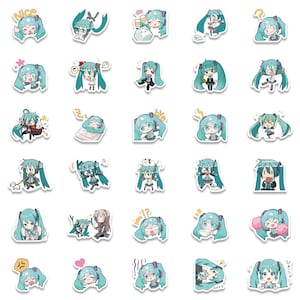 May include: A set of 36 stickers featuring a cartoon character with turquoise hair and blue eyes. The character is in various poses and expressions, including smiling, sleeping, and eating. The stickers are ideal for adding a touch of whimsy to laptops, water bottles, and other surfaces.