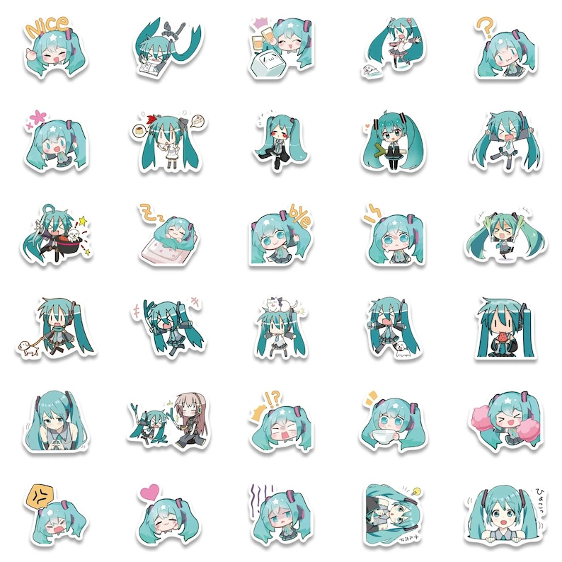 May include: A set of 36 stickers featuring a cartoon character with turquoise hair and blue eyes. The character is in various poses and expressions, including smiling, sleeping, and eating. The stickers are ideal for adding a touch of whimsy to laptops, water bottles, and other surfaces.