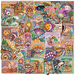 Pack de 50 stickers sur le thème bohème hippie – Stickers esthétiques nature trippy, spirituel, rétro pour journaux, albums de scrapbooking et décoration
