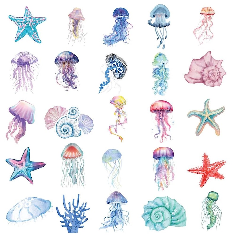 50PCS Watercolor PET Ocean Theme Stickers | Jellyfish, Seashell, Coral ...