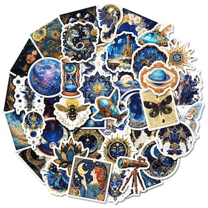 Paquete de 10, 30 y 50 pegatinas estéticas celestiales: lunas, estrellas, planetas, arte galáctico, decoración espacial, calcomanías espirituales de brujas para diarios y manualidades.