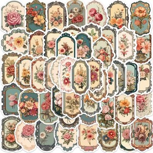 10/30 / 50 Stück Vintage Blumenaufkleber - Eleganter viktorianischer Rahmen Blumenaufkleber für Journal, Sammelalbum, Collage Ästhetik, DIY Handwerk