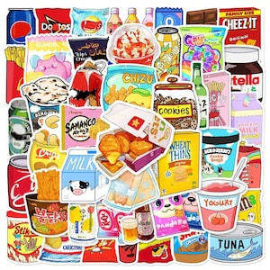 50 adesivi per snack a tema alimentare / Confezione di adesivi in vinile carini e estetici con cibo spazzatura / Adesivi per generi alimentari kawaii / Planner, album di ritagli, decorazioni per laptop