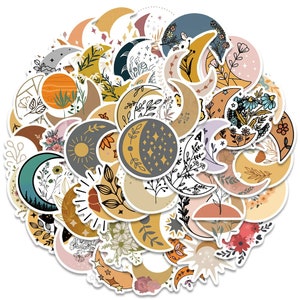 Juego de 10, 30 y 50 pegatinas bohemias artísticas con diseños de sol, luna y flores místicos para diarios, planificadores y álbumes de recortes