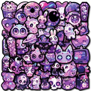 Lot de 50 stickers gothiques pastel | Stickers esthétiques violets mignons | Stickers crâne et fantaisie kawaii | Collection d'autocollants violet foncé