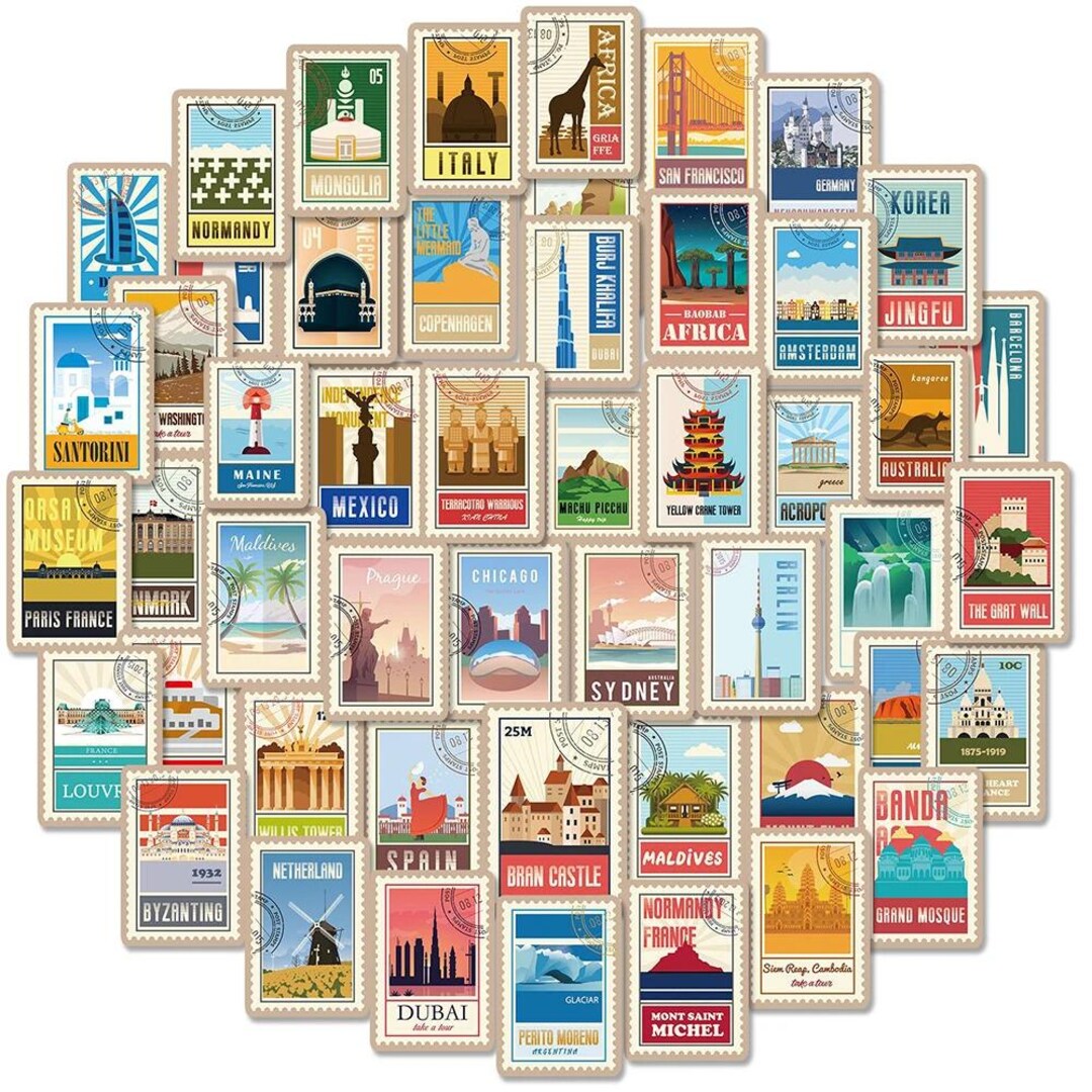 50 PCS Kawaii Travel Stamp Stickers | World Landmark Postcard Sticker ...