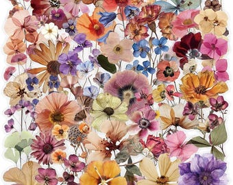 May include: A collection of pressed dried flowers in a variety of colors including shades of red, orange, yellow, pink, purple, and blue. The arrangement features diverse petal shapes, sizes, and textures, showcasing natural botanical details.
