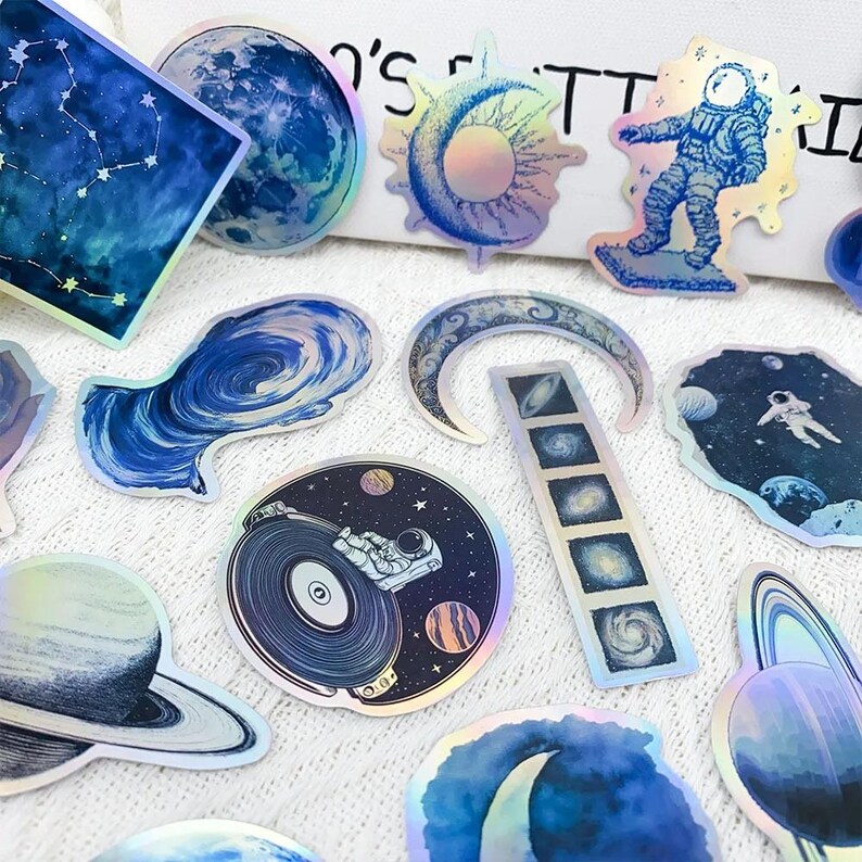 50 PCS Galaxy Space Stickers | Blue Laser Aesthetic Astronaut Moon ...