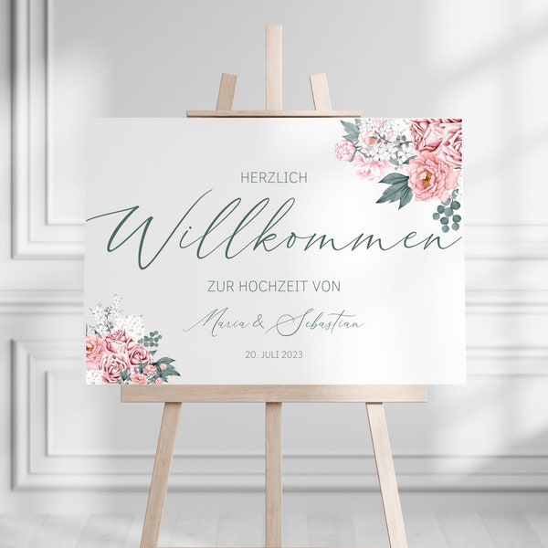Welcome Schild Hochzeit, Willkommensschild, Schild personalisierbar, Romantisch, Blumen, Hortensien, Rosa