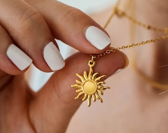 Gouden zon hanger ketting, gouden zon boho ketting, stralende zonne hanger, zonneschijn ketting, natuur boho sieraden, cadeau voor haar