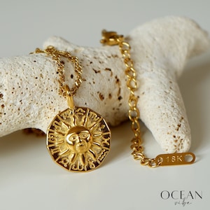 Gold Zodiac Sun Necklace 18k, Zodiac Pendant, Sun Pendant, Celestial sun necklace, Constellations Jewelry, Summer Jewelry, Sun Coin Necklace