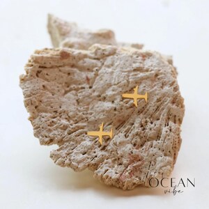 Può includere: Un paio di orecchini a bottone a forma di aereo dorati su un pezzo di roccia corallina. Gli orecchini sono piccoli e delicati e sarebbero un ottimo regalo per un viaggiatore o per chi ama gli aerei.