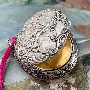 Antique Sterling Silver Pendant Compact. Hallmarked. Repousse Pastoral Scene. Early 20th Century.