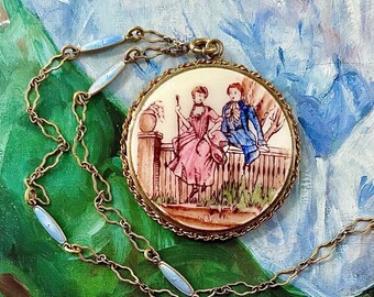 Rare Antique Victorian Handpainted Porcelain Pendant Powder Compact with Original Chain and Vibrant Blue Guilloche Enamel Beads. Exquisite!