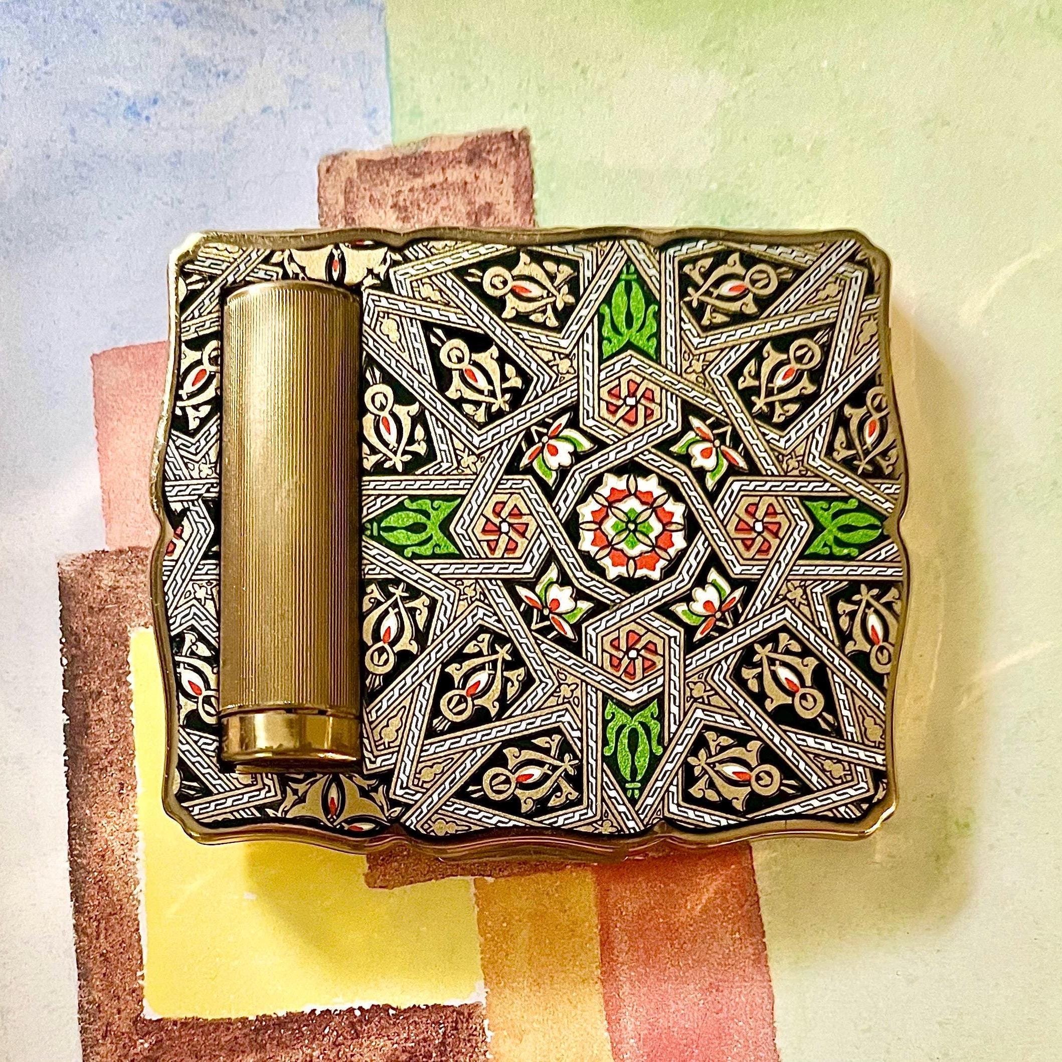 Stratton “Lipstick Empress” Powder Compact. Colorful Abstract Design on Brass Case. Unique Pop-Up Style. 1950s. Made in England.