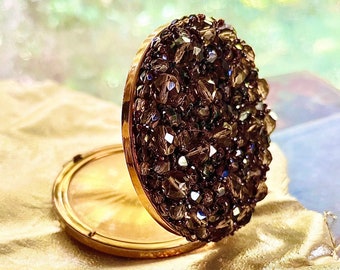 Brilliant Amber Crystal Encrusted Powder Compact with Intricate Hand-Beading. 1940s.