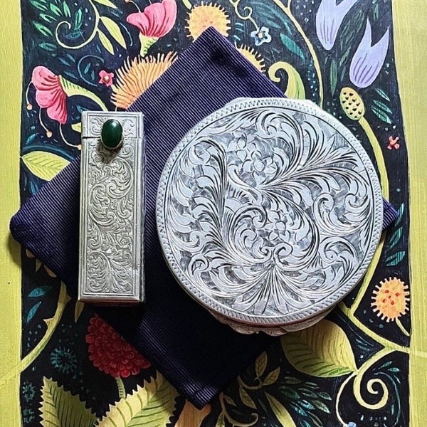 Continental 800 Silver Engraved Powder Compact and Mirrored Lipstick with Green Jeweled Cabachon. Made in Italy. 1950s. Exquisite!