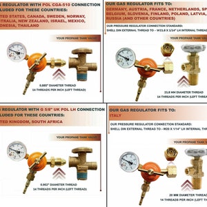 Puede incluir: Diagrama que muestra diferentes tipos de reguladores de gas con sus tama&ntilde;os de rosca correspondientes y los pa&iacute;ses de uso. La imagen incluye texto que dice: "Regulador de gas con conexi&oacute;n POL CGA-510 Incluido para estos pa&iacute;ses: Estados Unidos, Canad&aacute;, Suecia, Noruega, Australia, Nueva Zelanda, Israel, M&eacute;xico, Indonesia, Tailandia" y "Nuestro regulador de gas se adapta a: Alemania, Austria, Francia, Pa&iacute;ses Bajos, Espa&ntilde;a, B&eacute;lgica, Eslovenia, Finlandia, Polonia, Letonia, Rusia (y otros pa&iacute;ses)".