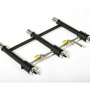 May include: A black metal frame with three adjustable gas burner tubes. Each tube has a valve and a threaded end for attaching to a gas line.