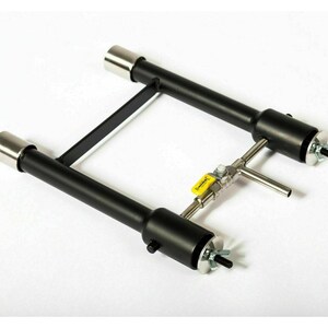 May include: A black metal gas burner with two adjustable arms and a silver valve. The burner has a silver end cap on each arm.