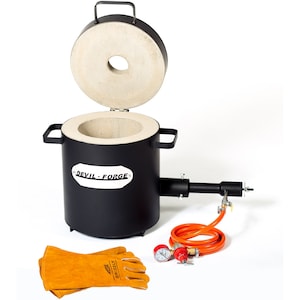 May include: A black metal furnace with a white ceramic lid, a black and orange hose, and two gauges. The furnace has the text "DEVIL-FORGE" on the side. The furnace is accompanied by a pair of brown leather welding gloves.