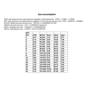 Puede incluir: Una tabla que muestra el consumo de gas en libras por hora, kilogramos por hora, kilovatios por hora y unidades t&eacute;rmicas brit&aacute;nicas por hora. La tabla muestra el consumo de gas para diferentes presiones de gas, que van desde 0,07 ATM hasta 2,72 ATM.