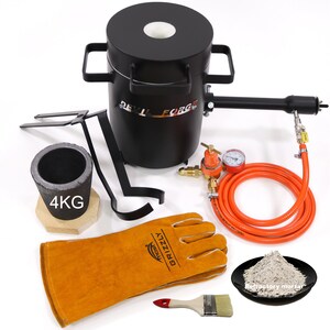May include: A black metal melting furnace with a 4kg crucible, a propane torch, a hose, a pressure gauge, a pair of leather welding gloves, a small bag of refractory mortar, and a paint brush.