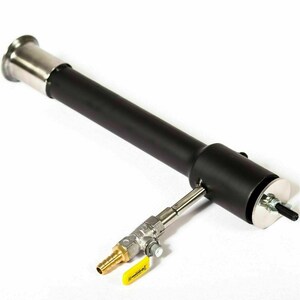 May include: A black metal gas burner with a stainless steel collar and a brass valve. The burner has a threaded end for mounting.