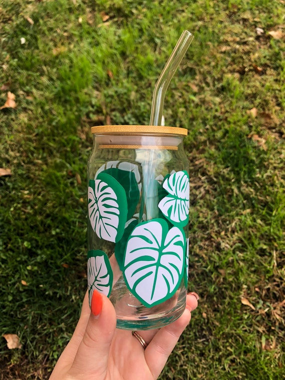 Monstera Leaf Glass Beer Can Cup, Ice Coffee cup for on the go