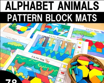 Pattern Blocks Puzzle Mats Animals A-Z  | Tangram | Preschool Printable | Alphabet Activities | 2D Shape Matching | Montessori | Preschool