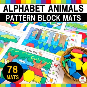Blocos de padrão quebra-cabeça tapetes animais A-Z | Tangram | Pré-escola para impressão | Atividades do alfabeto | Correspondência de formas 2D | Montessoriano | Pré escola