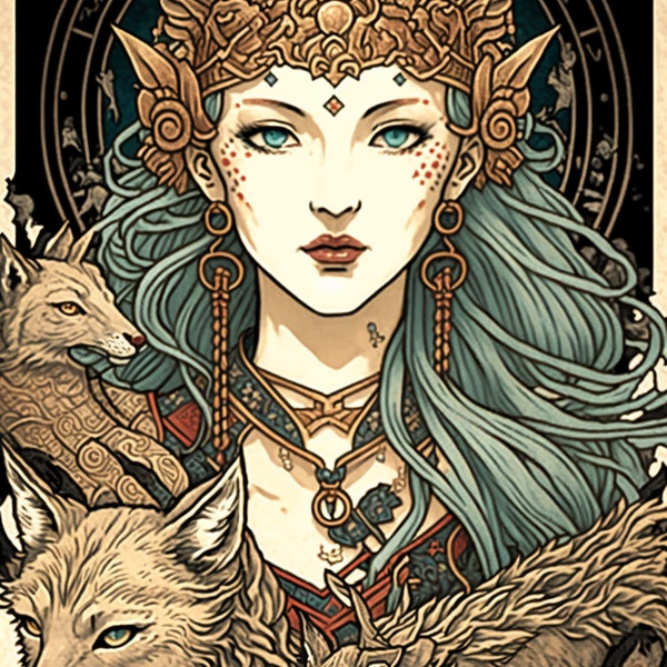 Norse Goddess Freya ukiyo-e Japanese styled painted graphics - digital download