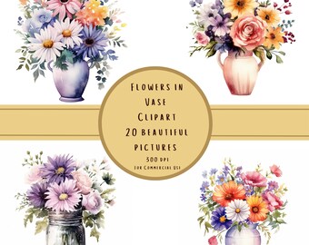Blumen in Vase Clipart - 20 Hochwertige JPGs | PNGs - Digitaler Download für Kartenherstellung, Mixed Media, Digital Paper Craft, kommerzielle Nutzung