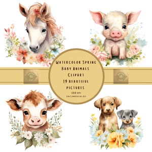 Watercolor Spring Baby Animals Clipart - animals with floral bouquets in PNG, Nursery Décor, Digital Download Files, Commercial Use