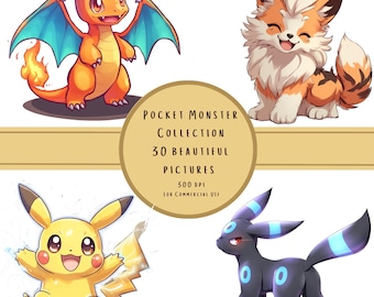 Chibi Pocket Monster Digital Sticker Bundle – 30 Iconic Pokétmonster Poses + Bonus Alphabet Set, 300 DPI PNG, 11x11 inch High-Quality