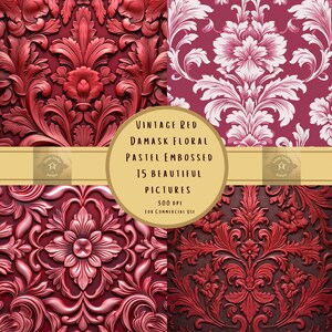 Pode incluir: Um conjunto de 15 padrões de papel digital com designs florais damasco vermelhos vintage. Os padrões são em relevo pastel e têm uma resolução de 300 DPI. São para uso comercial.