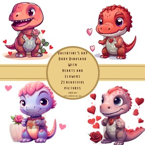 Valentijnsdag babydinosaurus met harten en bloemen 21 prachtige foto's 300 DPI voor commercieel gebruik
