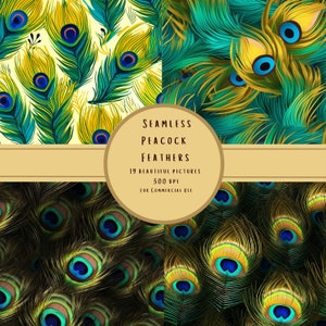 Seamless Peacock Feathers Digital Paper, Watercolor and Stencil Peacock Feathers Printable Paper, Digital Download Files, Commercial Use