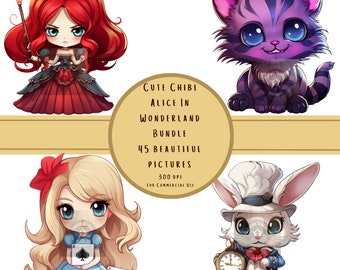 Cute CHIBI ALICE In Wonderland Bundle 45 beautiful pictures  300 dpi, PNG bundle,  Party Invitations, Tea Party, For Commercial Use Clipart