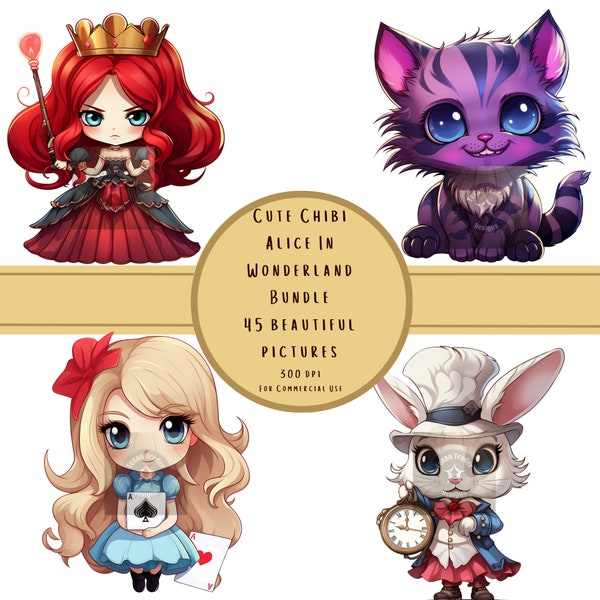 Cute CHIBI ALICE In Wonderland Bundle 45 beautiful pictures  300 dpi, PNG bundle,  Party Invitations, Tea Party, For Commercial Use Clipart