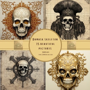 Squelette d'Halloween damassé, squelette de dragon, squelette de pirate, en relief sur papier numérique, fichiers à téléchargement numérique, usage commercial