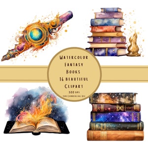 Watercolor Fantasy Book Clipart | Galaxy Wizard Book Stacks, Scrolls, Shelf, Quill, Inkwell PNG - Transparent Backgrounds - Instant Download