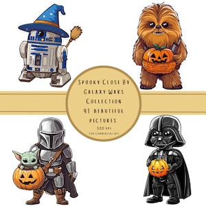 May include: Four Star Wars characters dressed in Halloween costumes holding jack-o'-lanterns.  R2-D2 is wearing a witch's hat, Chewbacca is holding a basket,  Darth Vader is wearing a black cape, and The Mandalorian is holding a pumpkin with Grogu inside.