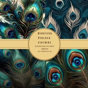 PEACOCK FEATHERS & Watercolor Stencil 16 DIGITAL Images in Jpg Format, Printable Commercial Use Pattern Set