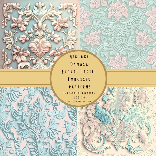 Vintage Damask Floral Pastel Embossed and Stencil FLOWERS PATTERN JPGs, Stencil Pattern Set for Scrapbook Pages, Diy Crafts, Commercial Use