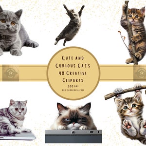 Puede incluir: Un conjunto de 40 imágenes de clipart digital que presentan gatos lindos y curiosos en varias poses. Las imágenes son de 300 DPI y aptas para uso comercial. Las imágenes incluyen gatos en una variedad de colores y patrones, incluidos gris, marrón y blanco.