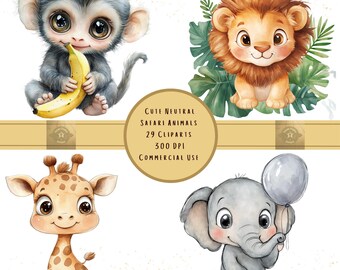 Niedliches Neutral Baby Safari Tier Clipart Set, Aquarell PNG und SVG Grafiken, Safari Kinderzimmer Dekor, kommerzielle Nutzung png, 300 DPI